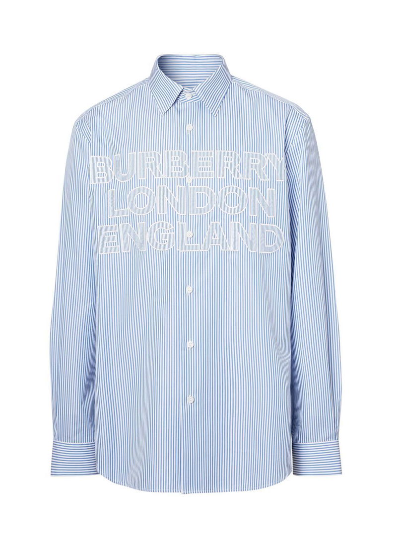 BURBERRY Logo Applique Striped Cotton Poplin Shirt | endource