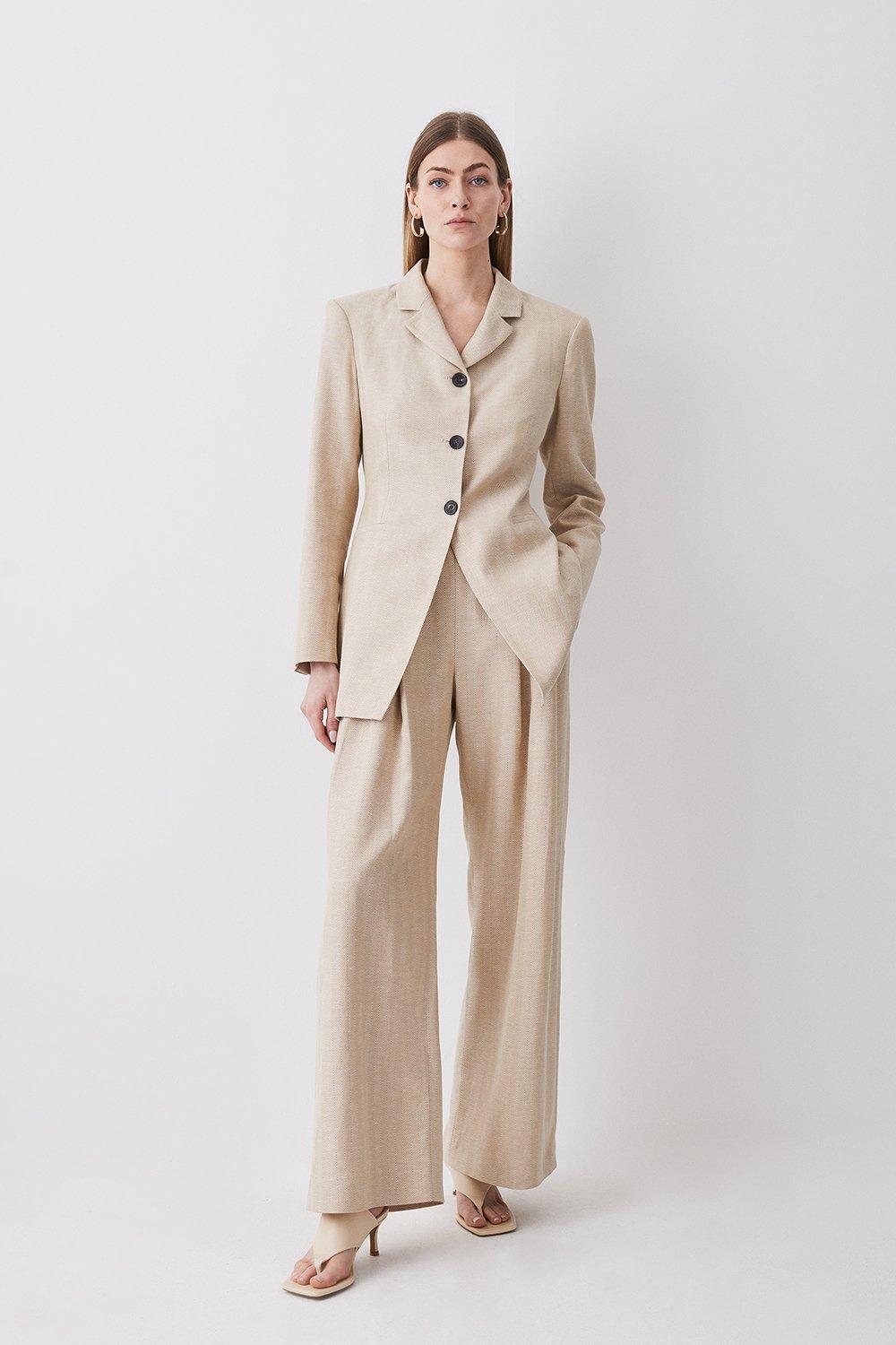 KAREN MILLEN Herringbone Linen Tailored Blazer in Neutral Endource