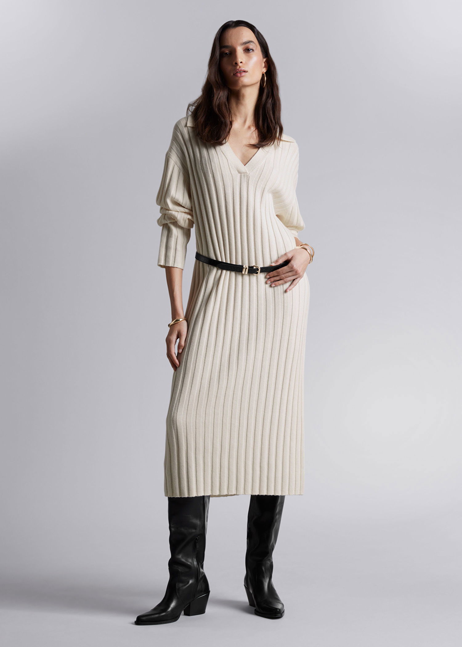 knee length dresses for ladies Light Blue Wide Ribbed Knit Collared Midi Dress
