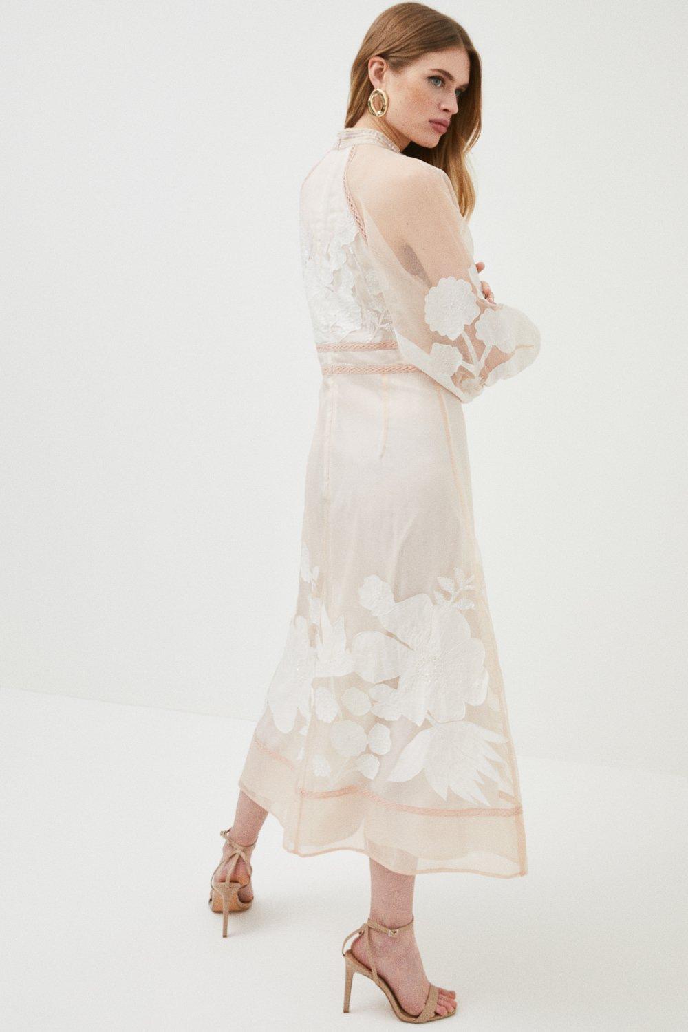 chinese dress ladies Applique Organdie Buttoned Woven Maxi Dress