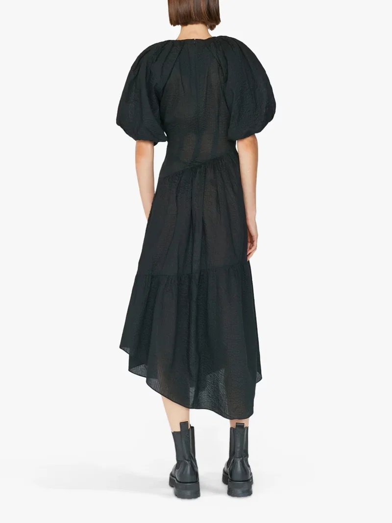 Structured Puff Sleeve Midi Dress Black Cream 1