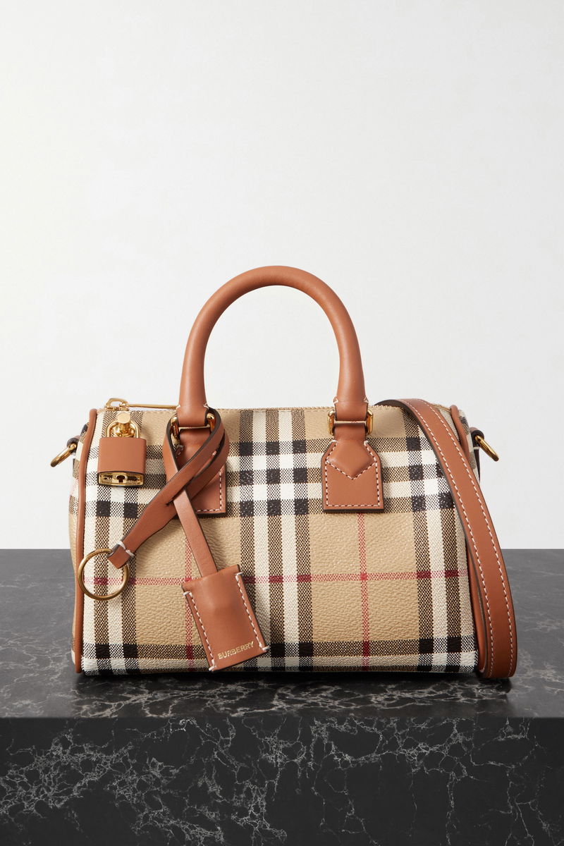 Small leather-trimmed checked cotton-canvas tote