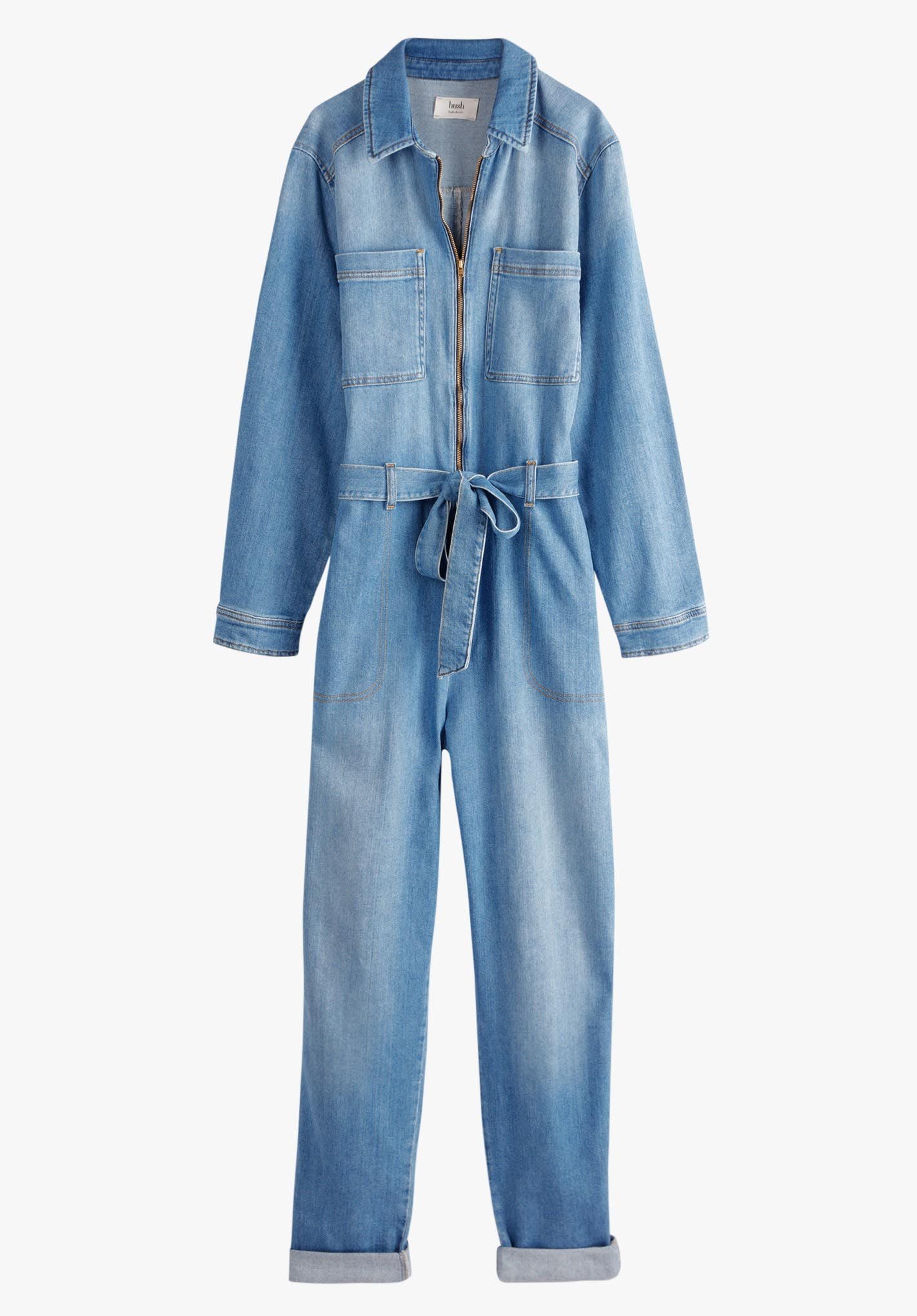 HUSH Joanie Denim Boiler Suit in Washed Blue | Endource