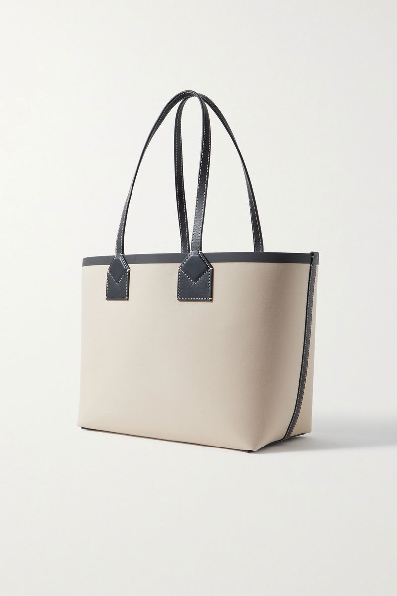 Leather-trimmed printed twill tote