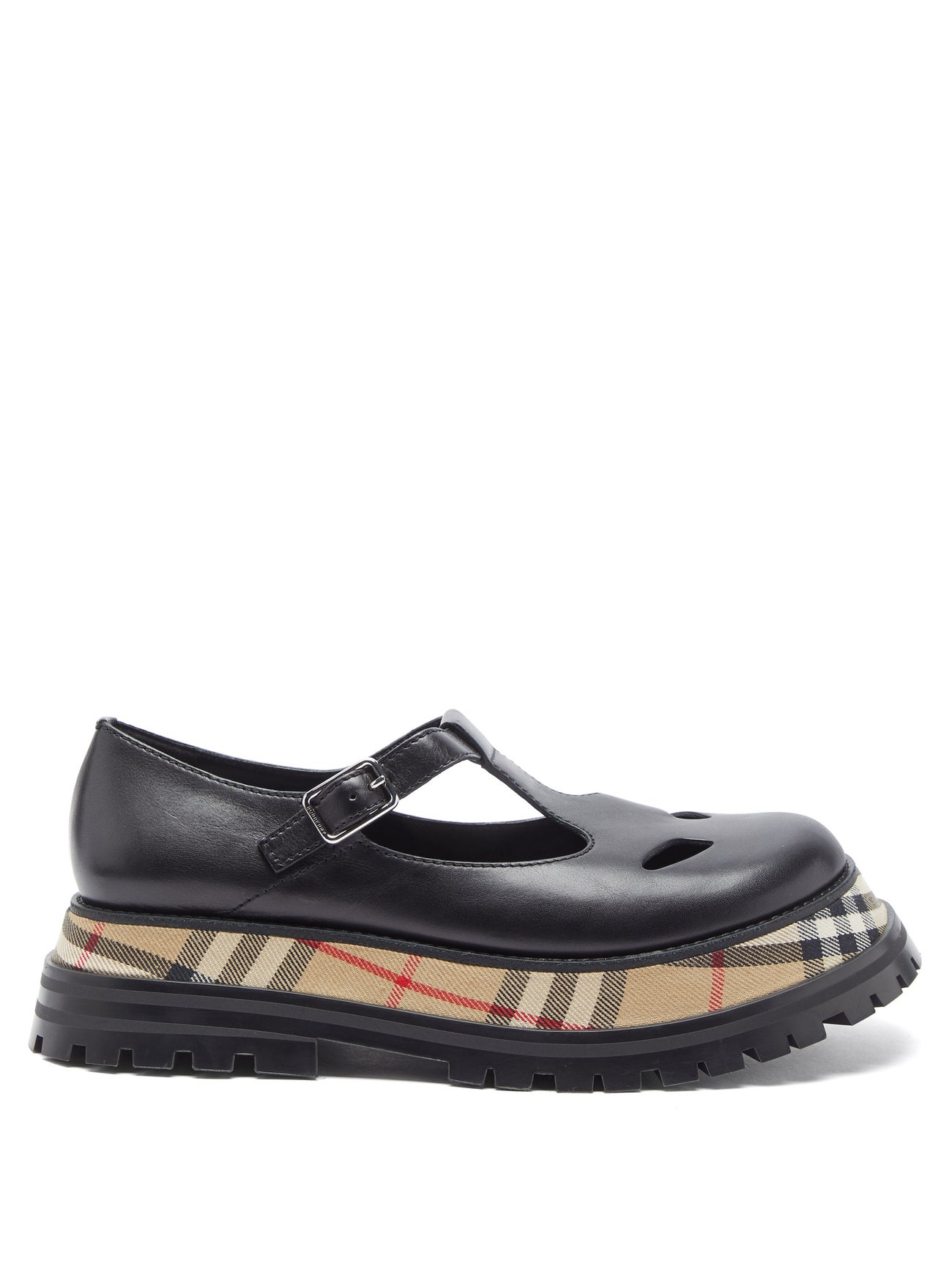 BURBERRY Aldwych House-Check Leather T-Bar Flats endource