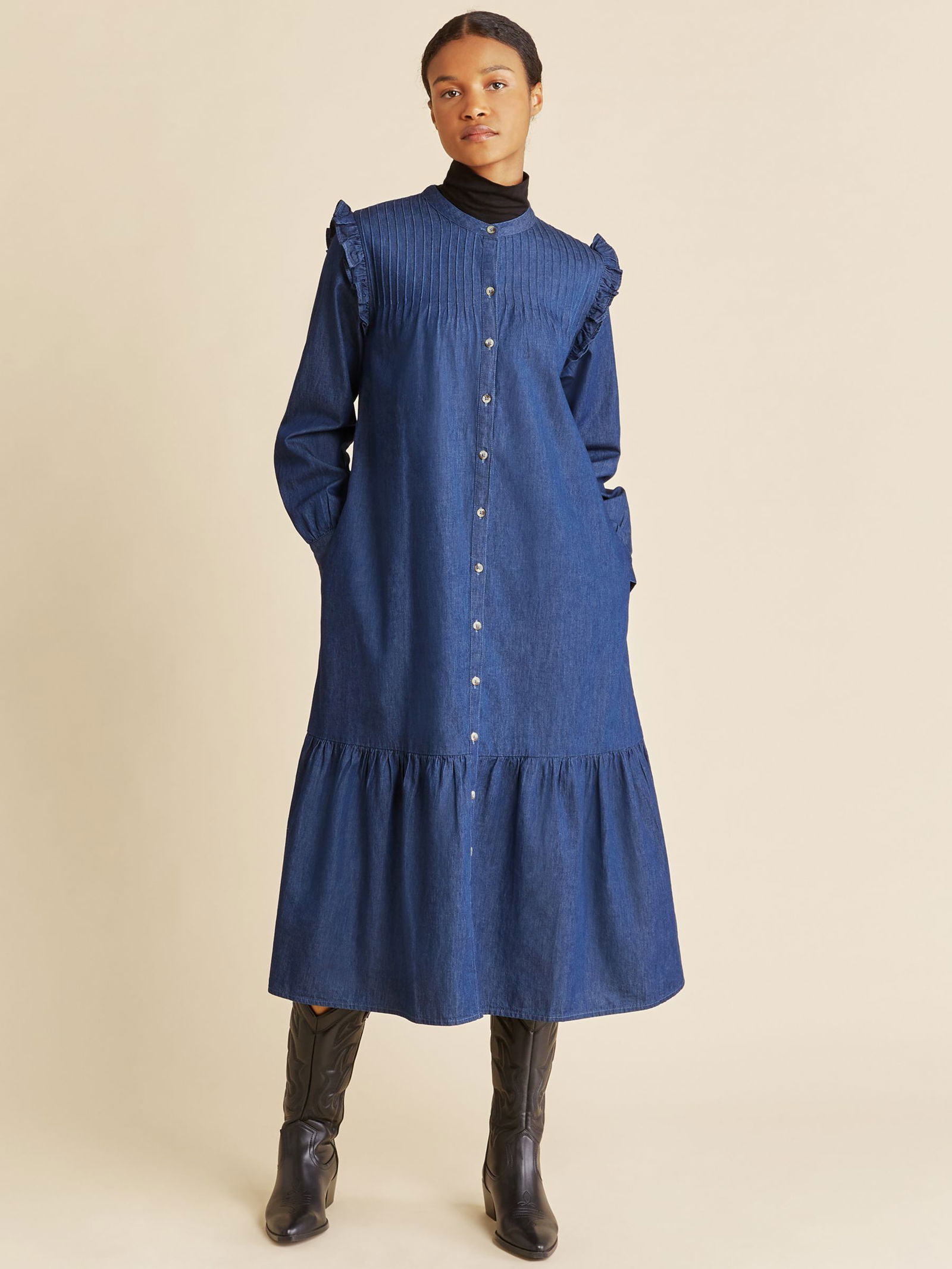 ray denim midi dress ALBARAY Denim Ruffle Shoulder Dress