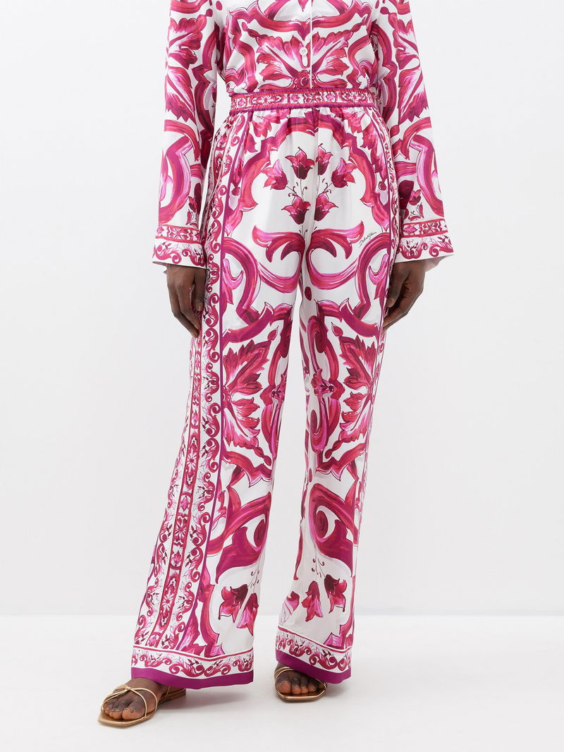 DOLCE & GABBANA Majolica-Print Silk-Twill Trousers in Pink