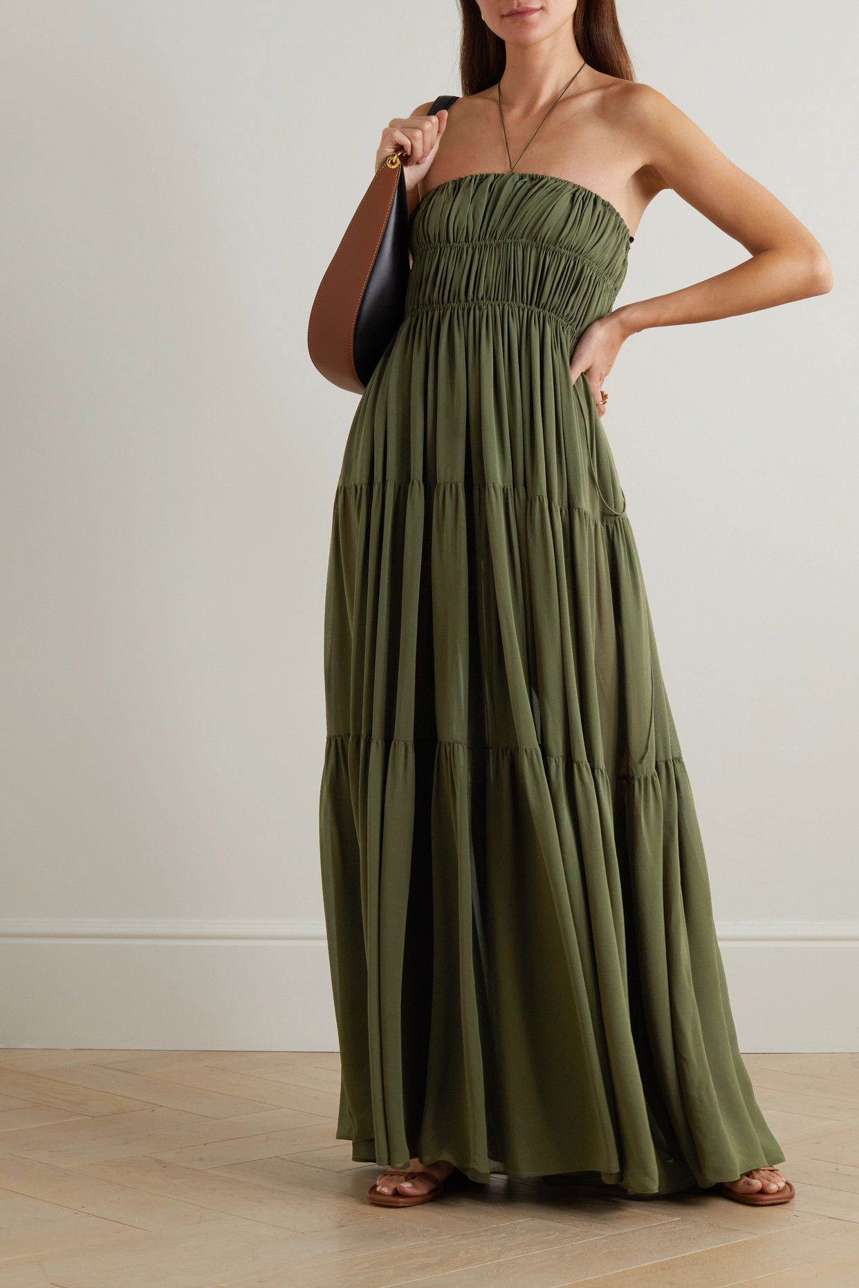 matteau green dress MATTEAU Tiered Shirred Silk Maxi Dress